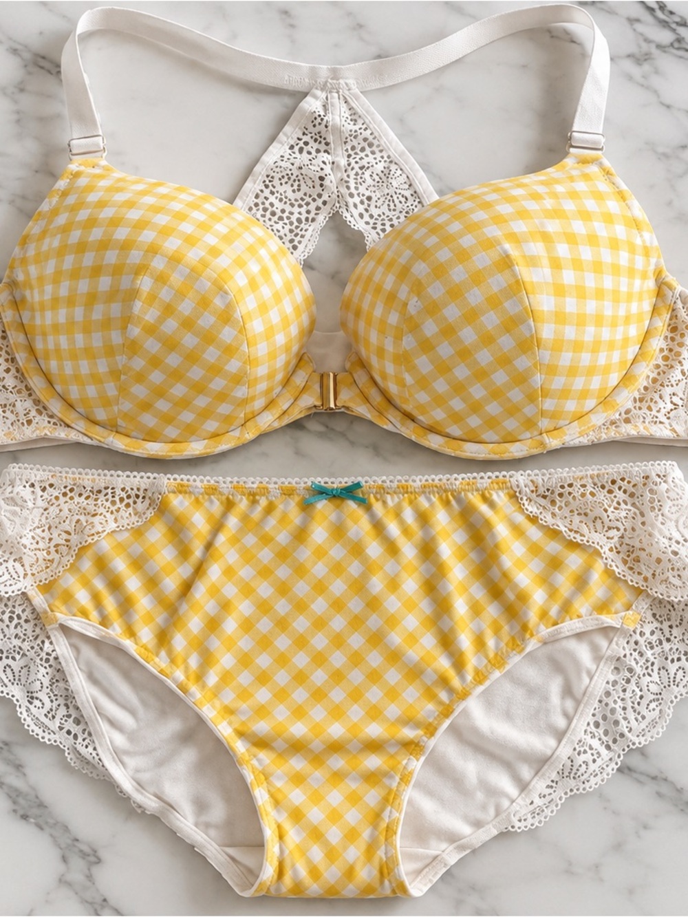 Cacique Yellow Gingham Lace-Trim Bra & Bikini Set 44c 22 panty.